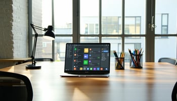 At the center of the scene, a sleek wooden desk commands attention, embodying the essence of a modern office workspace. A laptop, gleaming under the natural light pouring in from a large window, showcases Google Workspace's vibrant interface, with multiple browser tabs—Google Docs and Sheets—lit up by real-time collaboration indicators, suggesting an active exchange of ideas. Dynamic shadows dance across the desk, while a hard rim light emphasizes the contours of the laptop and the surrounding items, creating a striking visual contrast.  Framed in a wide-angle shot, the meticulously arranged workspace features a buzzing smartphone displaying a Google Calendar notification, a notepad filled with handwritten insights, and a steaming coffee cup, all harmonizing with a vibrant green plant that injects vitality into the scene. In the background, a whiteboard adorned with colorful notes and diagrams enhances the atmosphere of creativity and productivity, inviting viewers to immerse themselves in a dynamic rhythm of efficiency and collaboration.