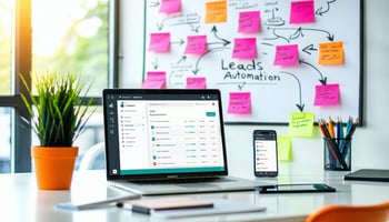 The image depicts a modern office environment with a sleek desk featuring a high-end laptop displaying the HubSpot dashboard on the screen. Surrounding the laptop are colorful sticky notes with keywords like "Leads," "Automation," and "Follow-up." A stylish smartphone rests next to the laptop, showing a notification alert for a new lead. In the background, a whiteboard is filled with neatly organized flowcharts illustrating the lead management process, with arrows indicating automated workflows. Soft natural light filters through a large window, illuminating a small potted plant on the desk. The overall atmosphere is vibrant and productive, conveying a sense of efficiency and modernity in managing sales leads.