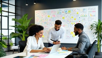 The image depicts a modern office space bustling with activity. In the foreground, a diverse group of professionals—an Asian woman typing on a laptop, a Black man discussing with a colleague, and a Caucasian woman reviewing documents—are engaged in a collaborative atmosphere. The backdrop features a large whiteboard filled with colorful diagrams and notes, illustrating a project management workflow. To the side, a sleek digital dashboard displays real-time analytics and metrics, highlighting productivity and performance. The office is flooded with natural light from large windows, and greenery in the form of potted plants adds a touch of freshness to the environment. A coffee station is visible in one corner, promoting a sense of community and casual interaction among team members. Overall, the scene conveys a dynamic and efficient workspace where automation tools enhance collaboration and drive business growth.