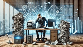 Frustrated business owner sitting at a cluttered desk with stacks of papers, an outdated computer, and tangled wires, symbolizing inefficiency. In the background, a sleek, digital workspace represents automation and streamlined processes, illustrating the contrast between outdated and modern business operations.