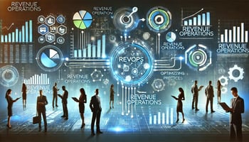 A modern business concept illustration representing Revenue Operations (RevOps). The image features a futuristic digital dashboard with interconnected graphs, charts, and workflow diagrams symbolizing the seamless integration of marketing, sales, and customer service. Abstract representations of professionals collaborating, exchanging data, and optimizing processes highlight efficiency and growth. The color scheme includes shades of blue and green, conveying trust and technological advancement