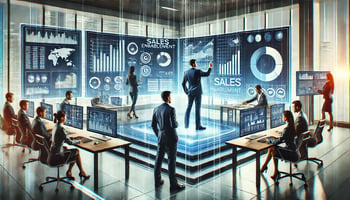 A modern digital illustration representing sales enablement, featuring a business team working collaboratively with digital tools such as charts, graphs, and CRM software on large screens. The setting is a sleek office with a futuristic touch, emphasising data-driven decision-making. The colour palette includes shades of blue and grey, conveying professionalism and efficiency.