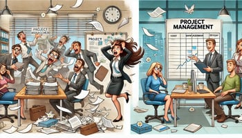 A humorous illustration of a chaotic office with papers flying, confused employees, and a frazzled manager pulling their hair out. Next to them, a neatly organised office with a project management board, calm employees, and a relaxed manager sipping coffee.