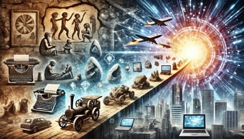 A visually striking digital artwork depicting the evolution of technology through time, featuring a timeline from primitive stone tools to AI, transitioning from ancient cave paintings to futuristic cityscapes.