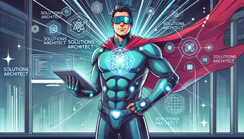 A vibrant cartoon-style illustration of a Solutions Architect as a superhero. The character wears a futuristic suit with a glowing emblem representing technology and connectivity. They hold a tablet in one hand and a blueprint in the other, standing confidently against a digital cityscape with data streams and interconnected systems, symbolising innovation and problem-solving.