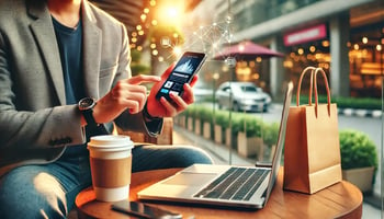 A modern consumer sitting in a stylish café, researching a product on their smartphone. A laptop displaying an online shopping website is open beside them, along with a cup of coffee and a shopping bag. The background features a softly blurred urban environment, representing a connected, digital lifestyle.