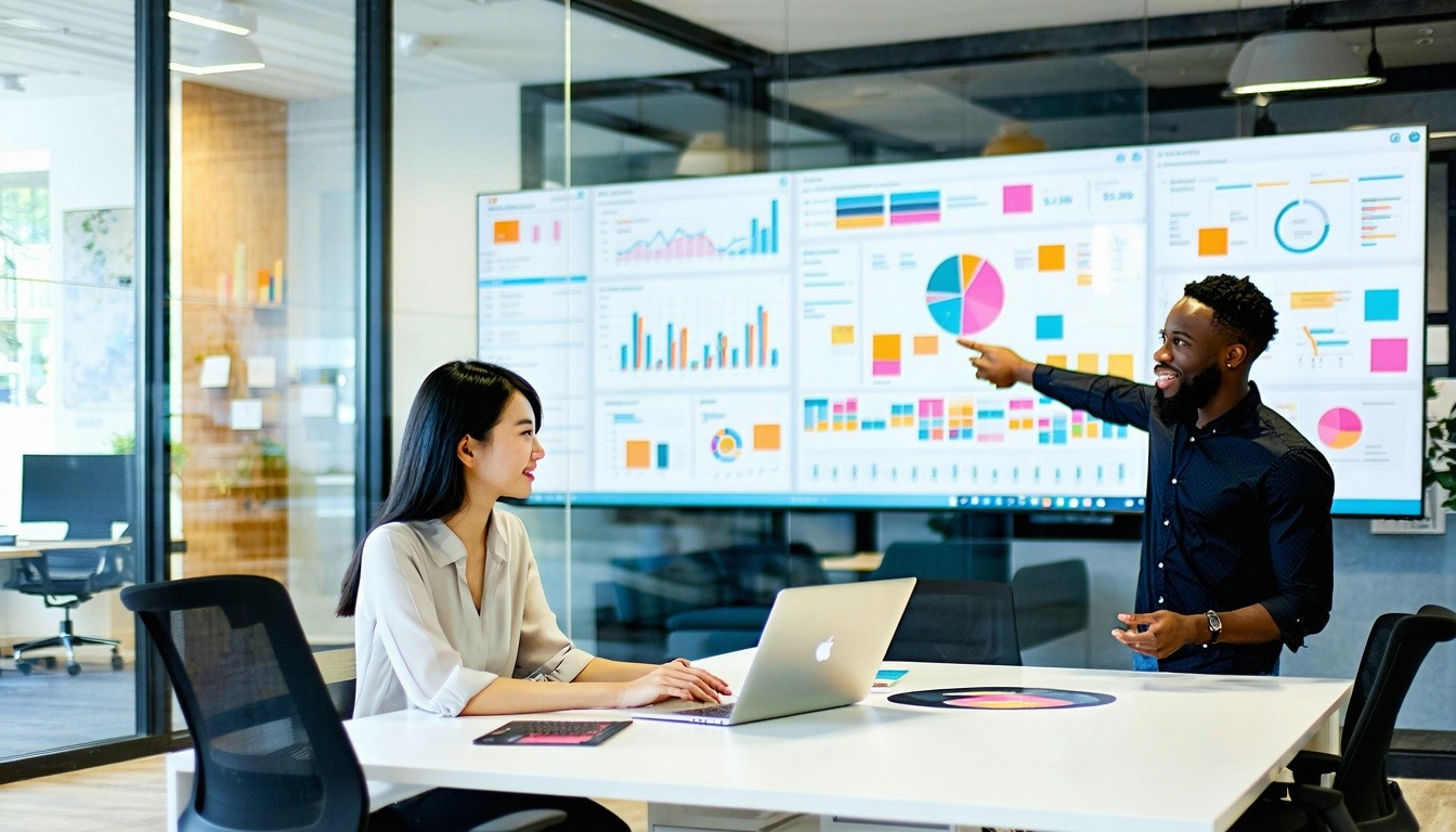 The image depicts a modern office environment where a diverse group of employees is engaged in collaborative work. In the foreground, a woman of Asian descent is seated at a sleek desk, focused on her laptop, with colorful charts and graphs displayed on the screen. Nearby, a young Black man is standing, discussing project updates with a colleague, gesturing towards a large wall-mounted screen showing real-time data analytics. The background features a glass-walled meeting room, where a small team is brainstorming, surrounded by whiteboards filled with post-it notes and strategic plans. Natural light floods the space through large windows, creating a vibrant and open atmosphere. Plants are strategically placed around the room, adding a touch of greenery. Overall, the scene conveys a sense of dynamic teamwork, innovation, and the effective use of technology in a contemporary workspace.