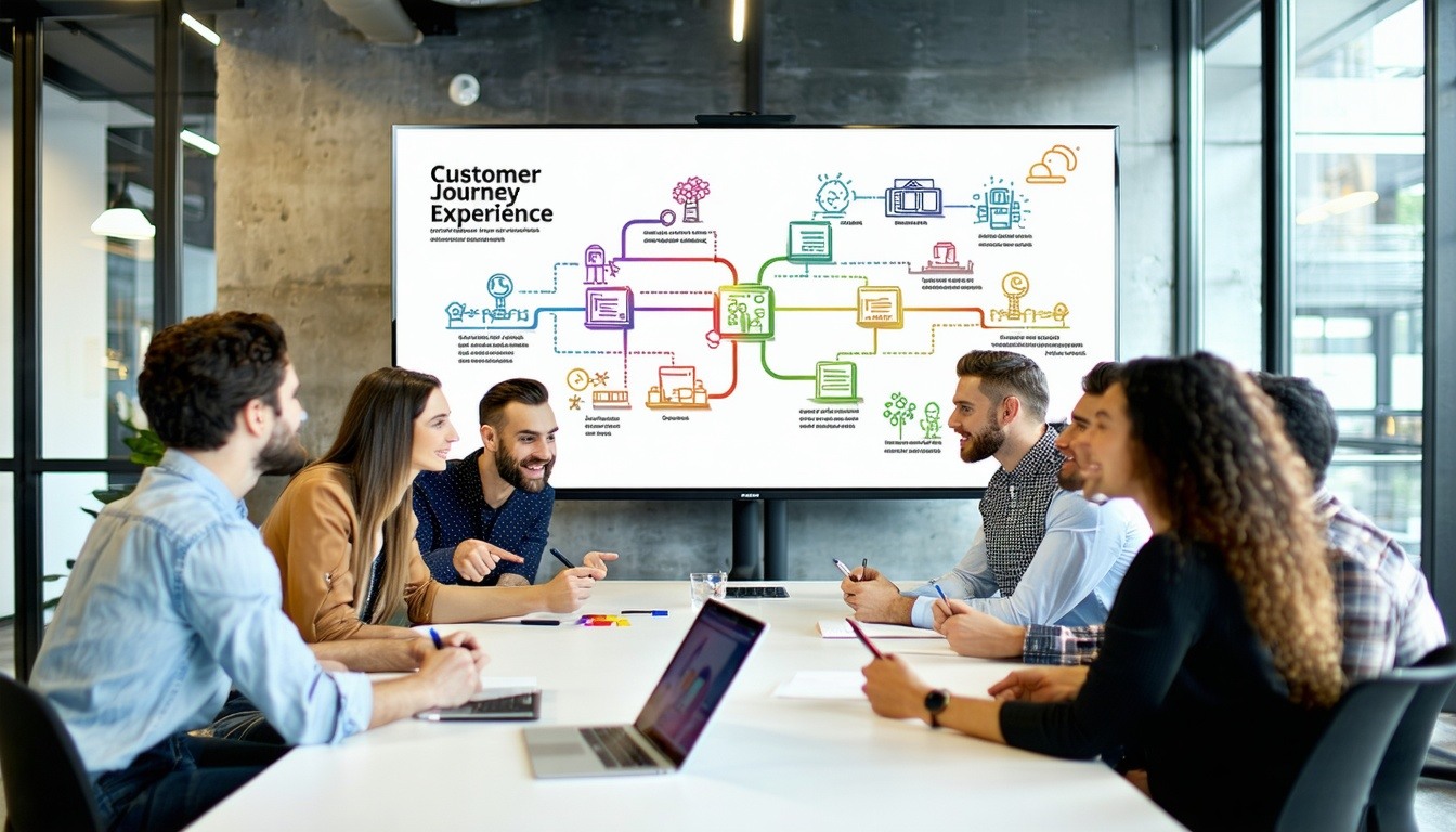 The image depicts a modern office environment with a diverse team gathered around a sleek conference table, engaged in a brainstorming session. A large digital screen displays a colorful flowchart illustrating the customer journey, highlighting various touchpoints and areas for improvement. The room is bright and airy, filled with natural light streaming through large windows. On the walls, motivational quotes about customer experience and teamwork are framed in contemporary designs. Team members, consisting of both men and women of varying ethnicities, are actively collaborating, with some taking notes on digital tablets while others point at the screen. A whiteboard in the background is filled with sticky notes and diagrams, suggesting ongoing discussions about process enhancements. The atmosphere is dynamic and focused, reflecting a commitment to improving customer experiences through teamwork and innovation.