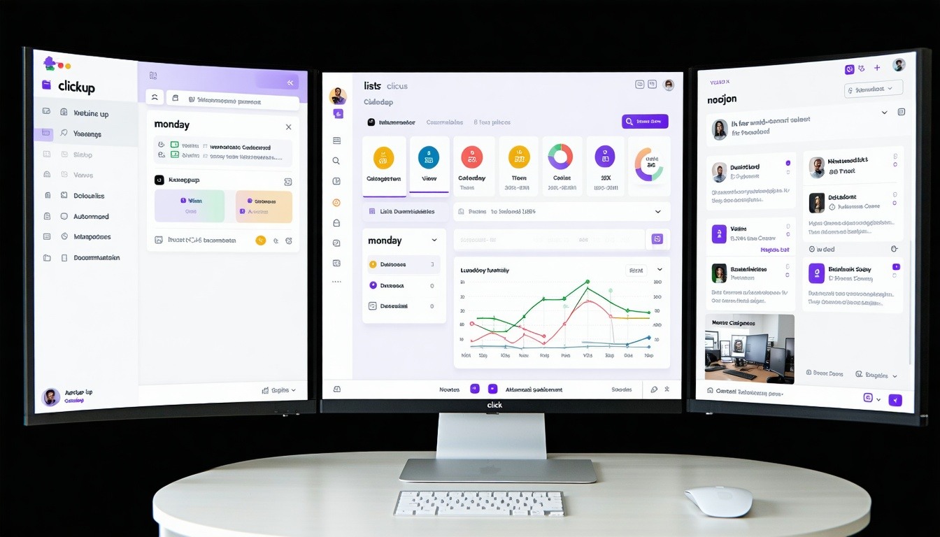 The image depicts a sleek, modern workspace featuring three distinct sections, each representing one of the project management tools: ClickUp, Monday, and Notion. In the ClickUp section, a digital interface showcases customizable views like lists, calendars, and Gantt charts displayed on multiple screens, emphasizing its automation capabilities. The Monday section features a vibrant, visually appealing dashboard with colorful task cards and a user-friendly layout, demonstrating its intuitive design. In the Notion area, an open notebook design illustrates notes, databases, and task tracking, highlighting its documentation strengths. The workspace is well-lit, with a minimalist aesthetic, plants for a touch of greenery, and tech gadgets that suggest productivity and collaboration. The overall atmosphere is dynamic, inviting creativity and teamwork, while the color palette is a blend of cool blues, greens, and warm accents, creating an energizing yet professional environment.