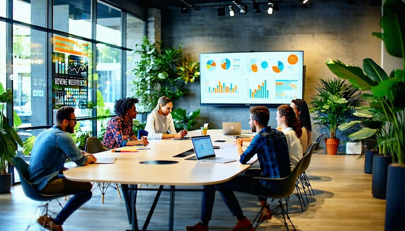 The image features a modern office space with sleek, minimalist design elements. In the foreground, a group of diverse professionals is engaged in a collaborative meeting around a large, oval conference table. They are surrounded by digital screens displaying graphs and data analytics, showcasing revenue metrics and performance indicators. Natural light floods the room through large windows, highlighting the vibrant green plants strategically placed around the space. On the walls, motivational quotes about teamwork and efficiency are framed. A whiteboard filled with colorful sticky notes and diagrams indicates brainstorming sessions in progress. In the background, a cozy lounge area invites informal discussions, with comfortable seating and coffee tables. The atmosphere is dynamic and focused, embodying the principles of seamless collaboration and innovative work culture essential for successful RevOps implementation.