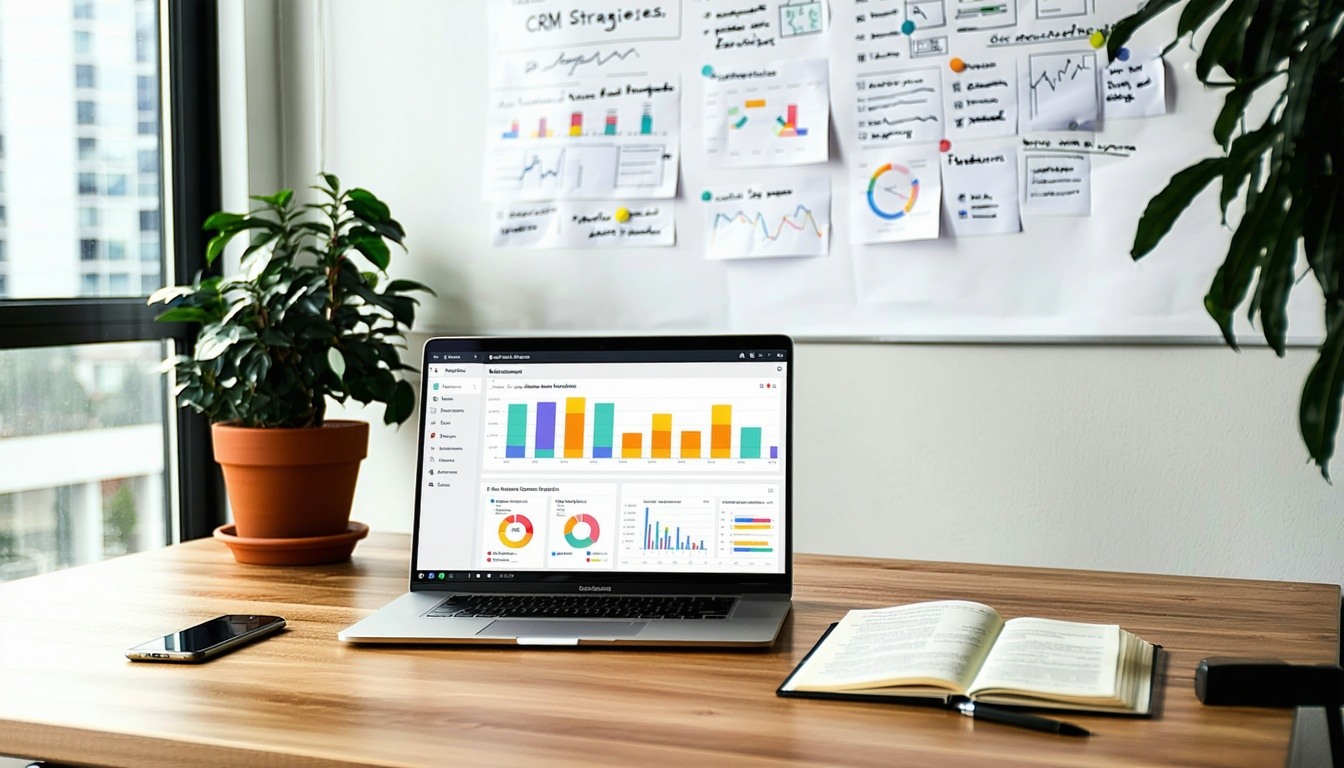 The image features a sleek, modern office workspace bathed in natural light, showcasing a large wooden desk with a laptop open to a CRM dashboard on the screen, displaying colorful graphs and metrics. Nearby, a smartphone lies next to a notepad filled with handwritten notes and action items. A potted plant adds a touch of greenery to the corner, while a large window reveals a bustling cityscape outside, hinting at a thriving business environment. On the wall, a whiteboard is cluttered with strategies and reminders, emphasizing the dynamic nature of the workspace. The overall ambiance is one of productivity, organization, and a focus on customer relationships, symbolizing the importance of efficient management in a growing business.