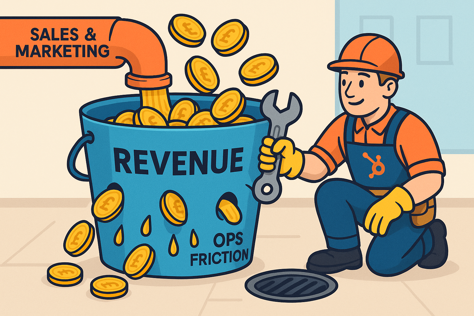 Cartoon illustration of gold coins pouring from an orange ‘Sales & Marketing’ pipe into a blue bucket labelled ‘Revenue’; coins leak through holes toward a floor drain marked ‘Ops Friction’ as a technician in HubSpot overalls kneels with a wrench, trying to plug the holes.