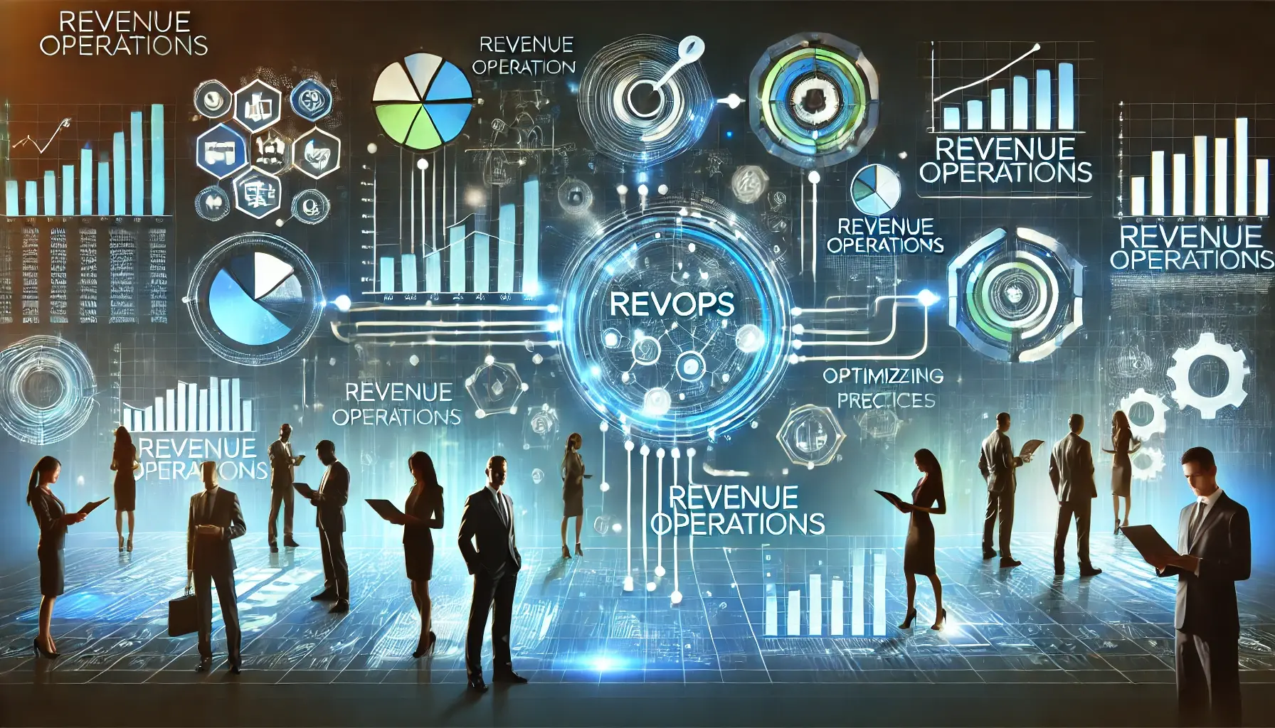 A modern business concept illustration representing Revenue Operations (RevOps). The image features a futuristic digital dashboard with interconnected graphs, charts, and workflow diagrams symbolizing the seamless integration of marketing, sales, and customer service. Abstract representations of professionals collaborating, exchanging data, and optimizing processes highlight efficiency and growth. The color scheme includes shades of blue and green, conveying trust and technological advancement