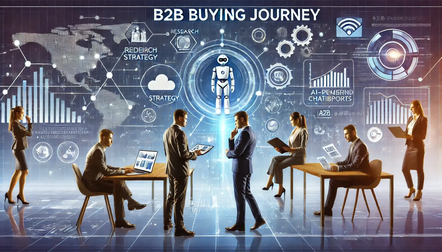 A modern B2B buying journey in a professional business setting. A diverse group of professionals is engaged in research and decision-making, analyzing data on laptops, discussing strategies with printed reports, and interacting with an AI-powered chatbot. The environment is tech-driven with futuristic data graphs, cloud-based tools, and a collaborative atmosphere.